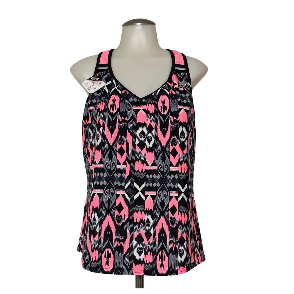 ZeroXposur Tankini Swim Top Womens 1X Pink Ikat Strappy Racerback UPF 30 NEW